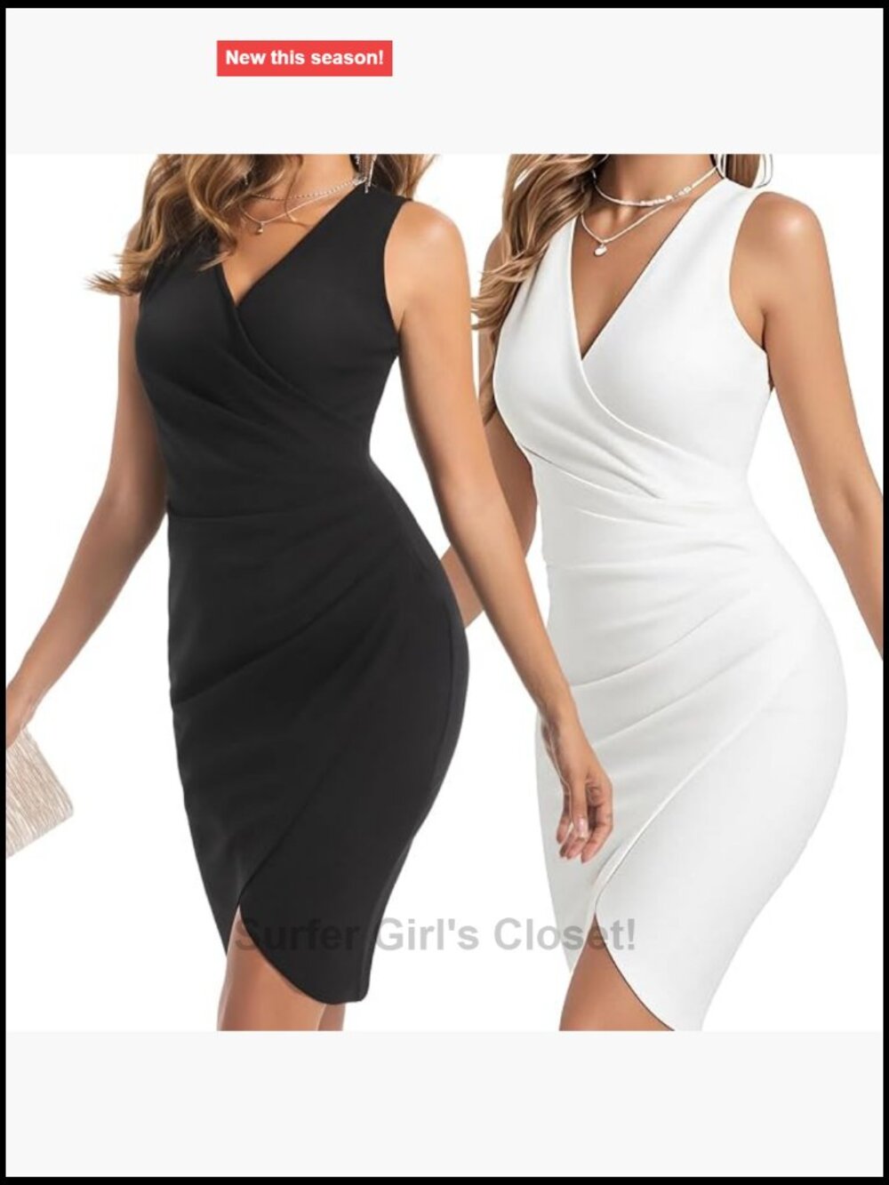 2 Pack Women's Sleeveless V-Neck Faux Wrap Ruched Bodycon Cocktail Dress